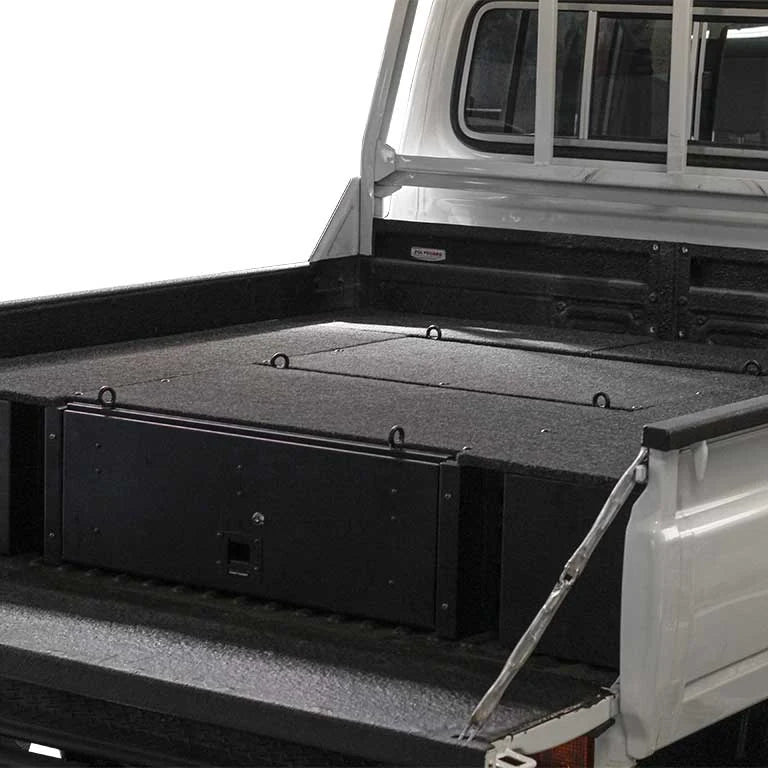 Toyota Land Cruiser 79 DC Drawer Kit: drawer kit fitted in the tub, side angle